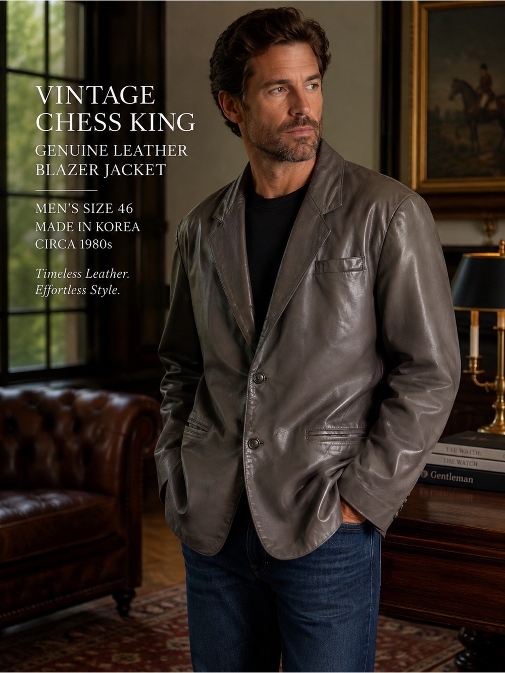 Vintage Chess King Genuine Leather Blazer Jacket Gray Size 46 Made in Korea